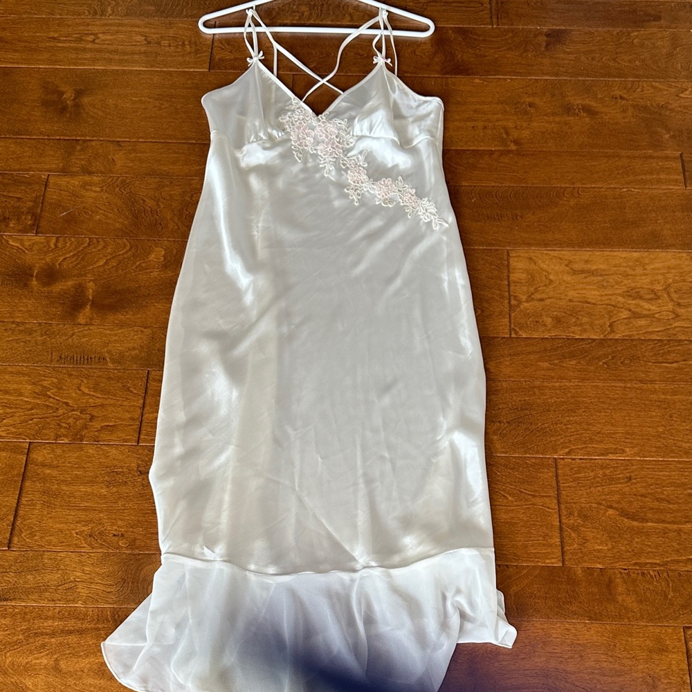 Ivory Satin Slip Dress with Lace Appliqué
